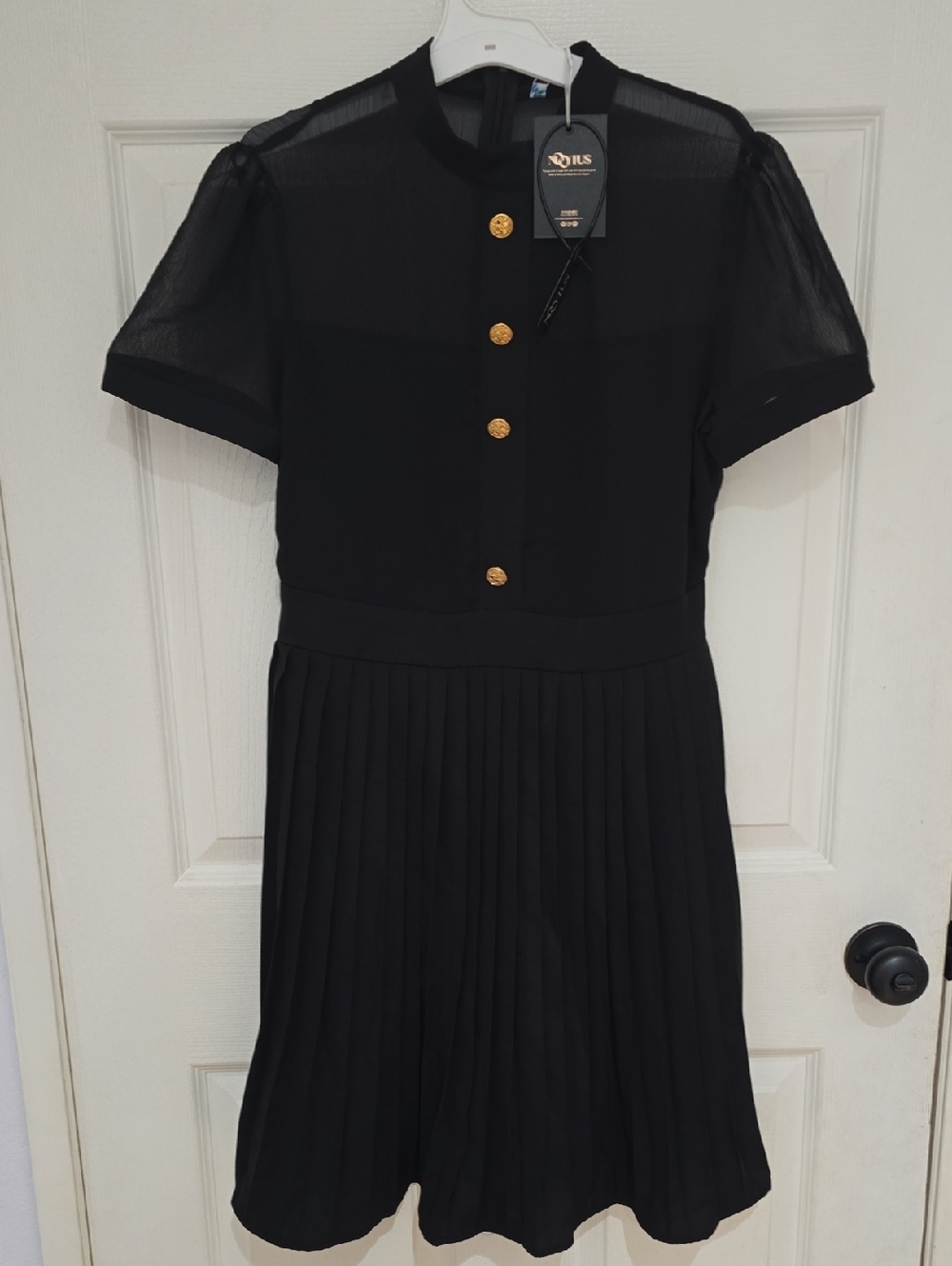 Black Short-Sleeve Pleated Midi Dress with Gold Buttons